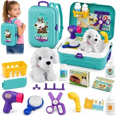 TEUVO Pet Care Play Set Pretend Play Vet Kit for Kids, 16Pcs Doctor Pretend Play Vet Dog Grooming Toys Puppy Dog Carrier Feeding Dog Educational Backpack Gifts for Girls Boys 3-7 Years Old