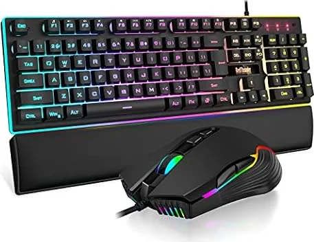 RedThunder K10 Wired Gaming Keyboard and Mouse and Wrist Rest Combo, RGB Backlit, Anti-ghosting Keyboard + 7D 7200 DPI Mice+Soft Leather Wrist Rest 3 in 1 PC Gamer Accessories(Black)