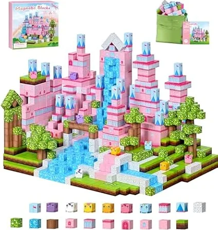 PINKCAT 100PCS Magnetic Blocks, Kids Building Pink Fantasy Castle Cubes, Stacking Tiles, STEM Sensory Toys for Toddlers, Kids Travel Essentials Toy, 3 4 5 6 7 8-12 Years Girls Boys Gifts