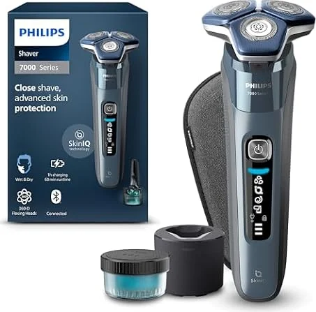 Philips Series 7000 Electric Shaver, SkinIQ, Black | SkinIQ Comfort, Wet or Dry Use, 45 Self-Sharpening Blades, 60-Min Runtime, Quick Clean Pod, S7882/50