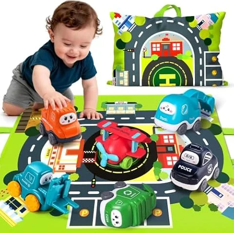 Bessome 6PCS Big Truck Toy Set with Playmat | With Storage Bag, ABS Plastic, No Small Parts, Rounded Edges, for Ages 12M+, First Birthday Gift
