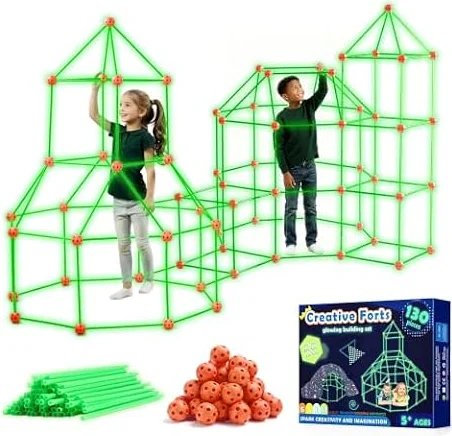 Tiny Land Glow Fort Building Kit for Kids Ages 4-12, STEM Building Toy | 86 Rods & 44 Balls, Build Forts, Tunnels & Castles, Indoor/Outdoor Play, Storage Bag, STEM Gift for Kids