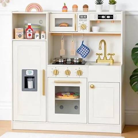 inFUNSAME Wooden Kids Play Kitchen with Lights and Sounds,Home Style Design | 18 Accessories, Fridge, Storage, Coffee Maker, Stove, Sink, Oven, Interactive Pretend Play Toy, Gift for Boys & Girls Ages 3+