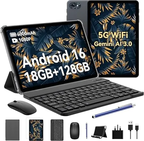 Tablet, Android 16 Tablet with Keyboard, Gemini AI 3.0 18GB+128GB, 2TB Expand, Widevine L1 Compatible Octa-Core Tablets with 5G WiFi, 1080P Display, 6000mAh, AI Camera, for Gaming, 4 Years Warranty