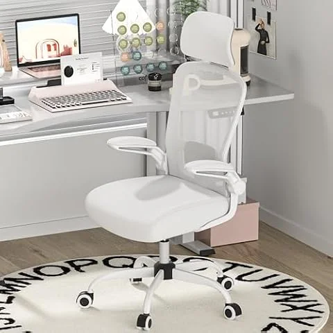 Mimoglad Office Chair, Comfy Desk Chair - High Back Ergonomic Computer Chair with Adjustable Lumbar Support & Headrest, Flip-up Armrests for Guitar Playing (All White)