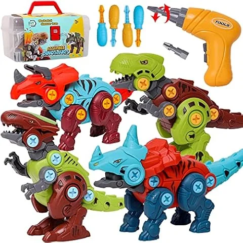LOYUEGIYO Take Apart Dinosaur,Children Learning Educational Dinosaur Toy | 3 4 5 6 7 Year Old Kid Boy Girl,STEM Toy Construction Building Birthday Gift(1 Electric Drill&4 Hand Drill Tools)