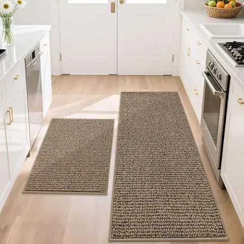 BEQHAUSE Kitchen Rugs and Mats 2PCS, Non-Slip, 20"x32"+20"x48", Taupe | Kitchen Mats for Floor, Absorbent and Stain Resistant Kitchen Runner, Machine Washable Rugs for Kitchen, Laundry & Sink