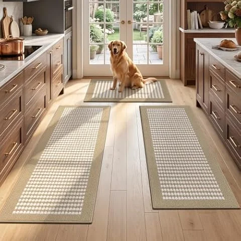 Ileading Kitchen Mat Sets 3 Piece Minimalist 3D Lattice Kitchen Floor Rugs with Non Slip Rubber Backing Machine Washable Farmhouse Runner Rugs for Laundry Hallway Doormat(Beige)
