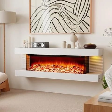 ORALNER 3 Sided Wall Mount Electric Fireplace w/ 50" Floating Mantel, White | WiFi Fireplace Heater, 12 Adjustable Color, LED Light Effect, App & Remote Control, 8H Timer,1500W
