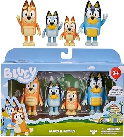 Bluey Family Figure Pack of 4, Robust Poseable Character Toys with Bingo, Chilli, and Bandit Figures, Toddler-Sized Animal Figurines for Kids Ages 3+