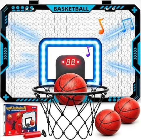 Mini Basketball Hoop Indoor Kids LED Lights Sound Auto Scoring Boys Gifts | Over the Door BasketBall Hoops with 3 Balls and Pump Electronic Scoreboard Game Toys Gifts for 4-12 Year Old Boys Girls