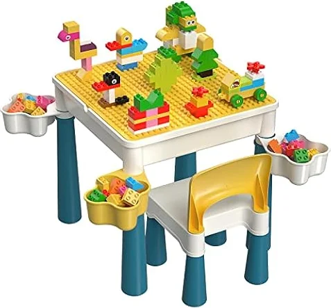 Burgkidz Plastic Building Table Set: 1 Chair 135 Blocks 4 Bin Macaron | Leakproof top sand/water. Sturdy ABS, smooth edges. 4 storage bins (1/leg) & 128 bricks. Ideal 2-4 yrs. Great gift