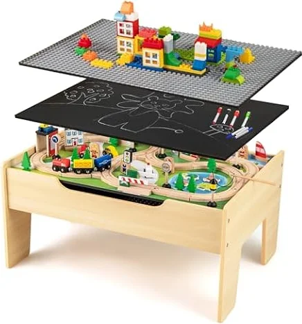 INFANS Train Table, 80 Pieces Wooden Kids Activity Toy Table Playset with Reversible Detachable Tabletop, Tracks, Train, Railway, City, Gift for Toddler Boys Girls Ages 3+ (31" x 22.5" x 15.5")