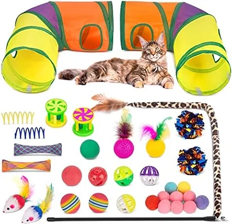 Retro Shaw Cat Toys Set 33 Pack, Cat Play Tunnel for Indoor Cats | with 2 Collapsible Tunnels, Interactive Kitten Feather Teaser Wand Ball Bell Spring Mouse