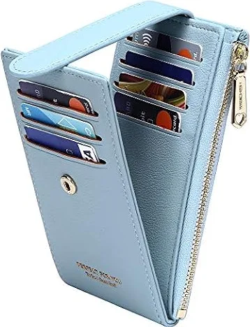 Badiya RFID Card Holder Wallet for Women Slim Wallets Bifold Multi Card Case Zipper Coin Purse, A-Lychee Pattern-Blue-a, one_Size, Minimalist