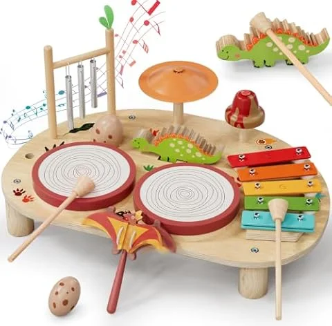 Lehoo Castle Wooden Drum Set for Toddler 1-3 | Montessori Baby Musical Instruments with Drums Xylophone Castanet, Educational Toys Birthday Gifts for 1 2 3 Year Old