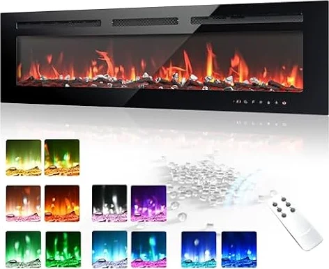 EUHOMY 50 Inch Electric Fireplace Wall Recessed and Wall Mounted with Adjustable Flame Color, Fireplace Heater with Remote Control, Linear Fireplace with Timer, Touch Screen, Log & Crystal, 750/1500W