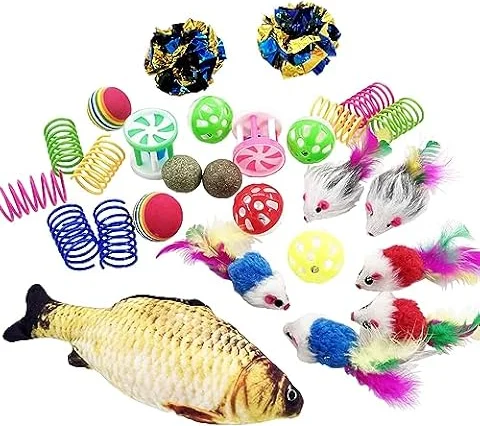 QUVOVID Cat Toys 27 Packs Combo Set, Cat Catnip Fish and Ball Toy, Cat Bell Balls Crinkle Balls, Cat Spring Toys, Plush Mices Attract Cats to Swat, Bite, Hunt, Interactive Toys