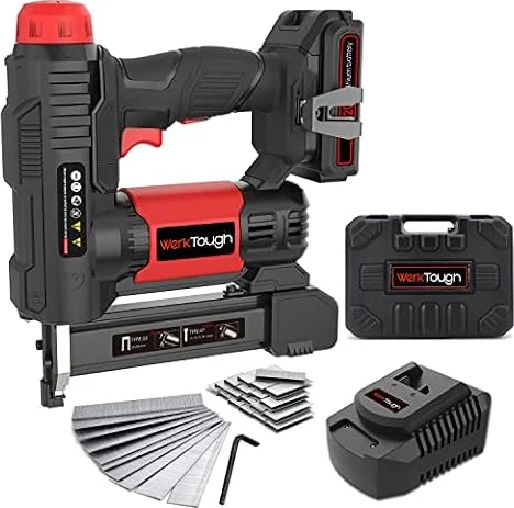 Powertough 20v Cordless Staple Gun Brad Nailer 2 in 1,1 Hour Fast Charger,2000MA Lithium Battery 2000pcs Free Staples(90 4/5”1000+18GA 1”x1000) in Tool Case